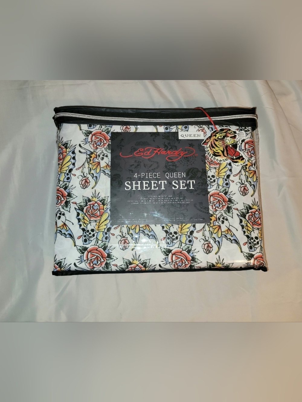 Ed Hardy White Sheet Set with Coral Roses, Yellow Accents & Black Outline